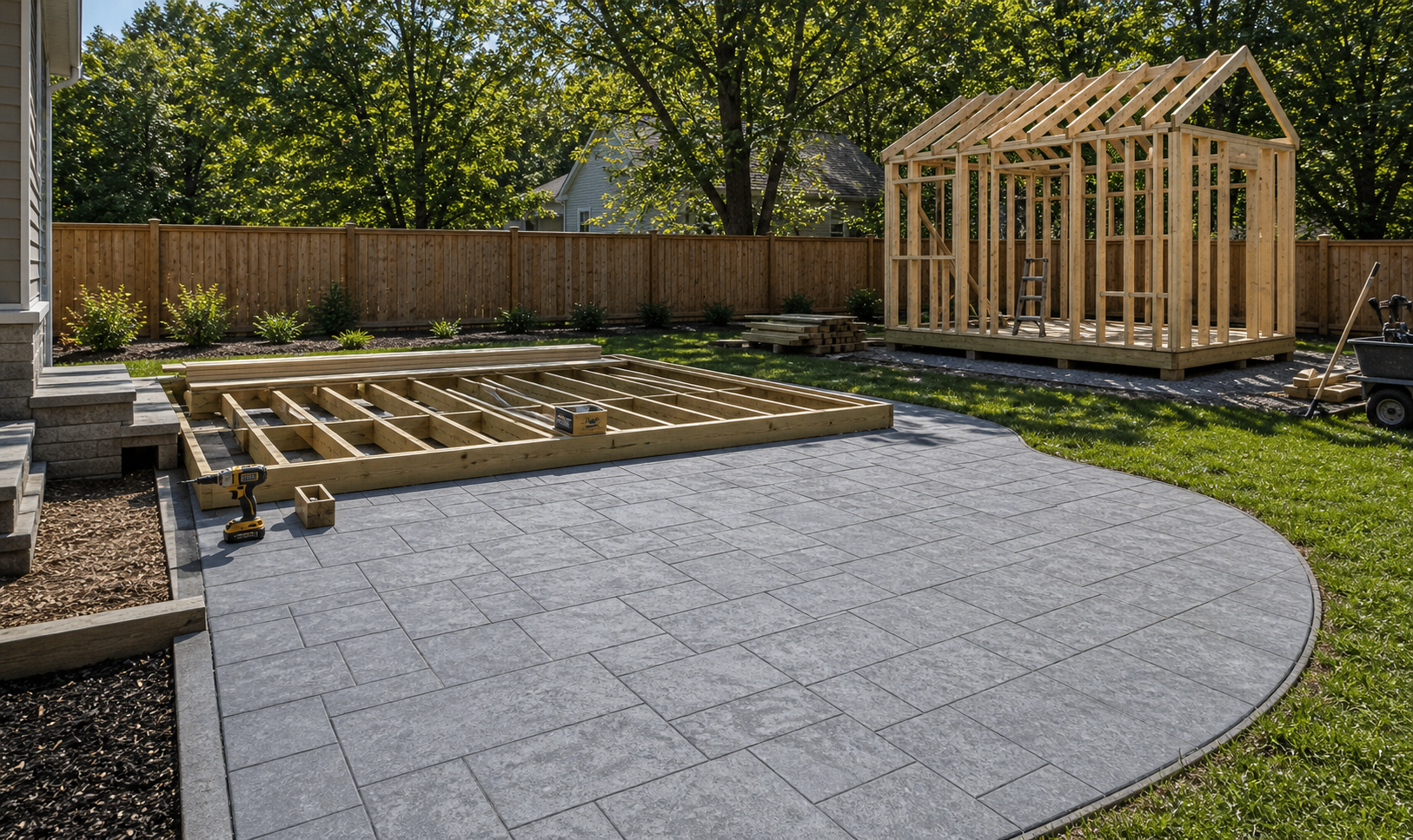 Concrete and wood patio work with a custom shed being built in a Triad backyard